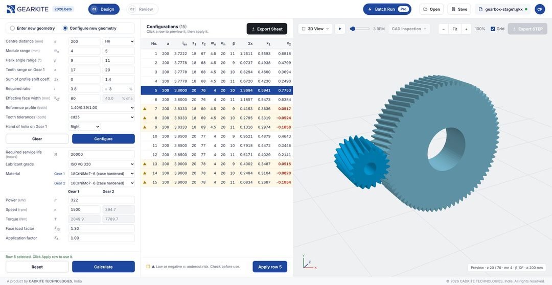 Configuration search listing 15 valid gear configurations with undercut warnings