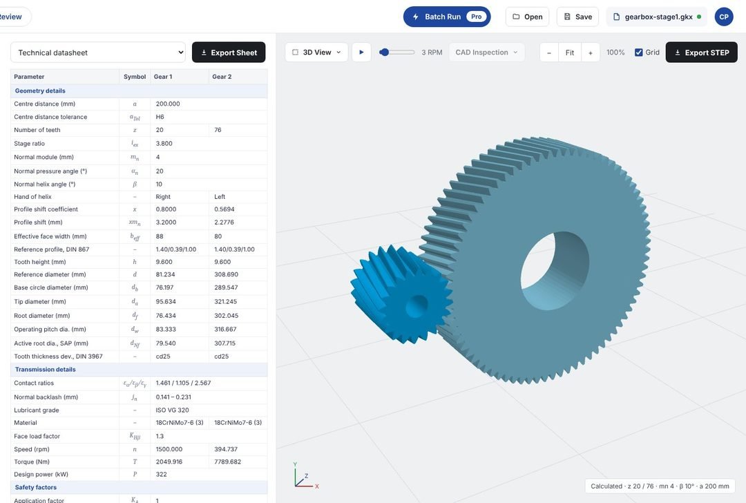 Technical datasheet with geometry and transmission details next to the 3D gear pair