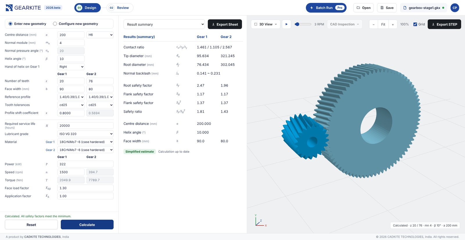 GEARKITE app with gear geometry and strength inputs, calculated results summary and a 3D helical gear pair