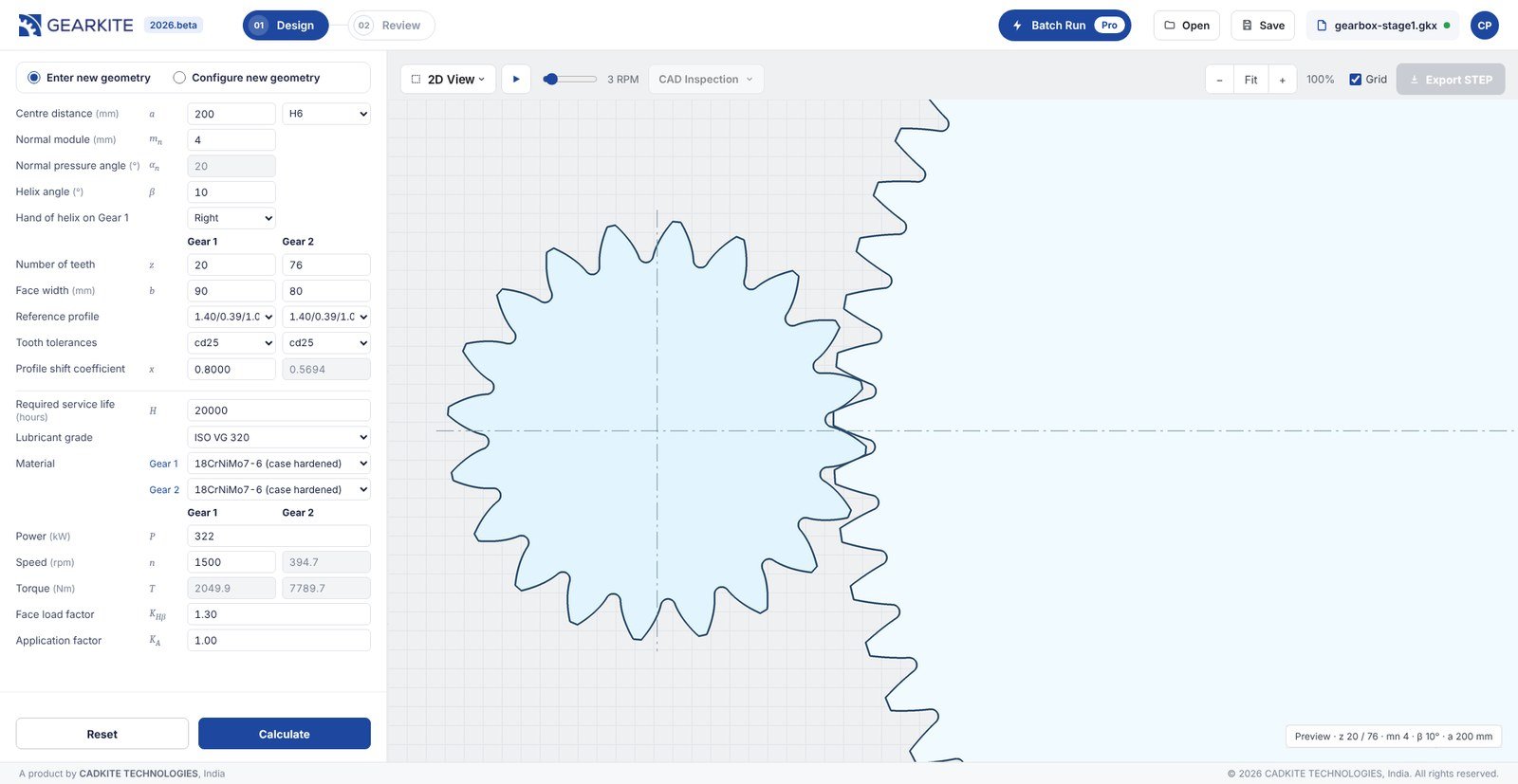 Gear geometry inputs with a 2D view of the meshing gear pair and centre distance dimension