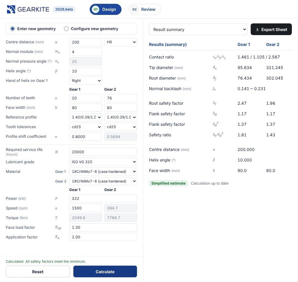 Geometry and strength inputs with the results summary, safety factors and Export Sheet button
