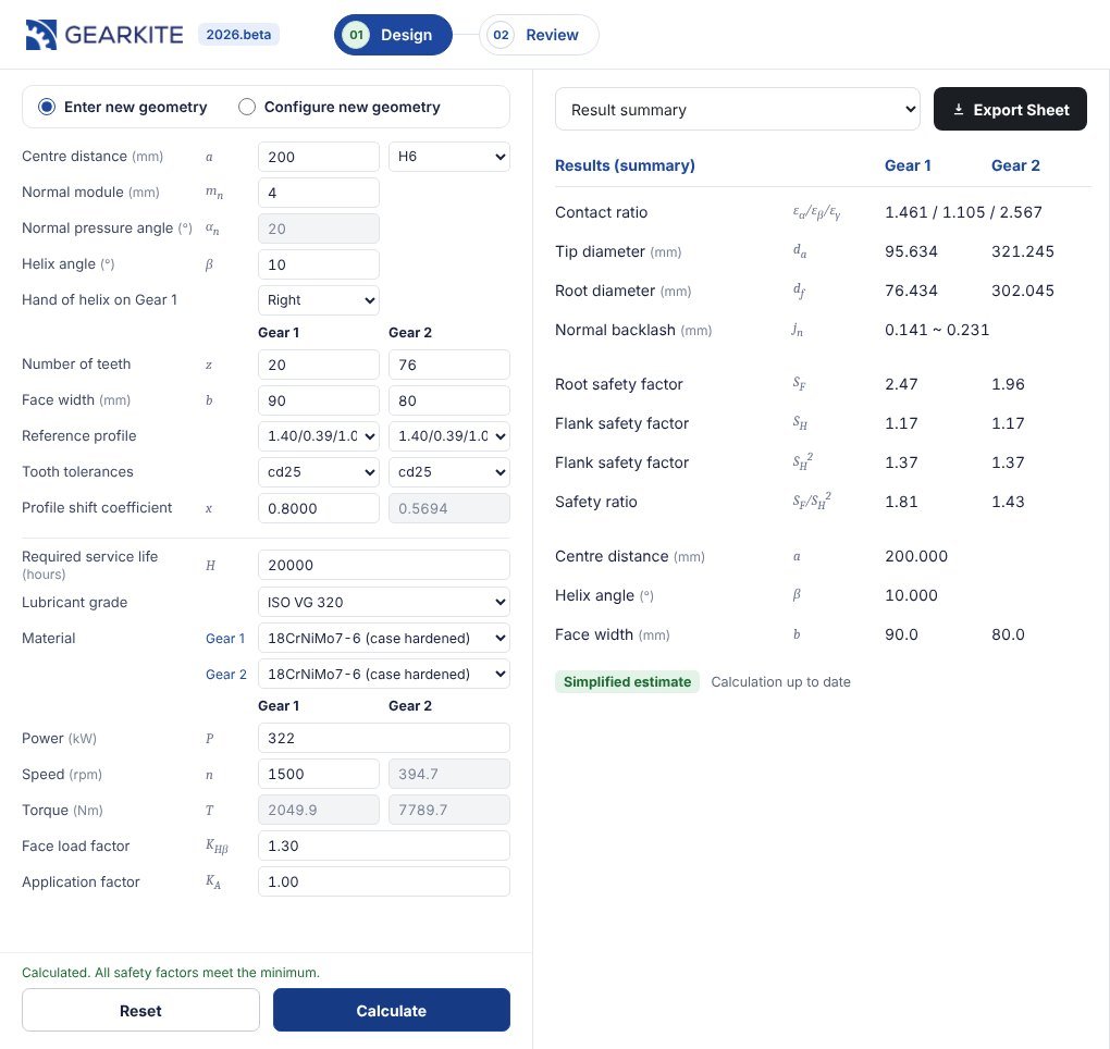Geometry and strength inputs with the results summary, safety factors and Export Sheet button