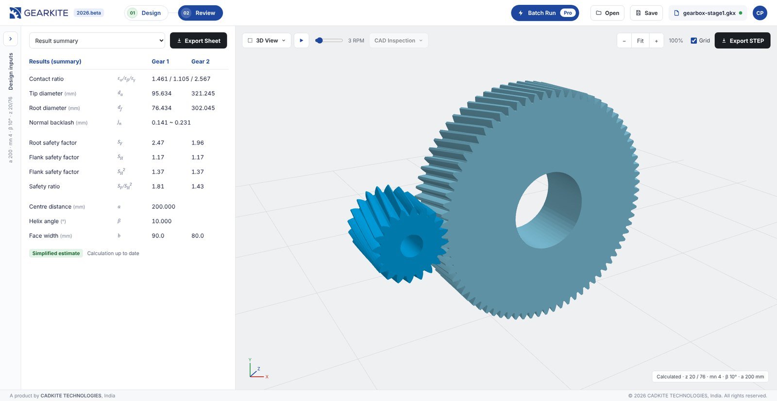 Review screen with results summary, 3D gear pair and Export STEP button