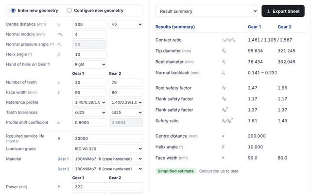 Gear inputs next to the calculated results summary